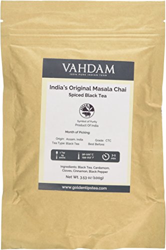 India’s Original Masala Chai Tea Leaves – Ancient Indian House Recipe – 2016 Harvest Assam CTC Black Tea blended with Cardamom, Cinnamon, Black Peppercorns & Cloves – from India, 3.53oz